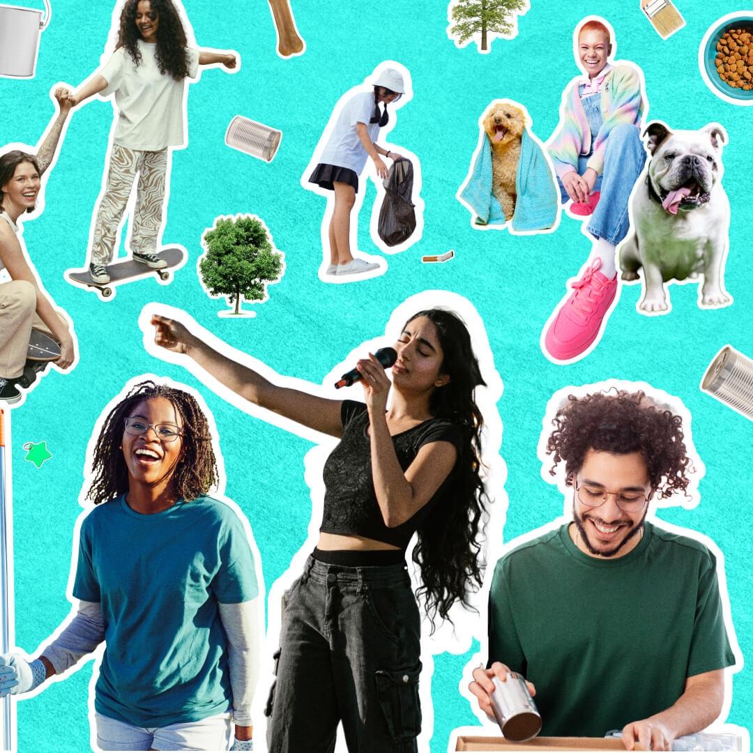 A teal background image with a collage of young people in acts of service in their communities and various icon stickers embedded on the left, including: young people washing neighbors dogs; young people donating food; young people cleaning up streets; young people creating community art and performances; piano, mic, trees, cans; paint brush, stars.
