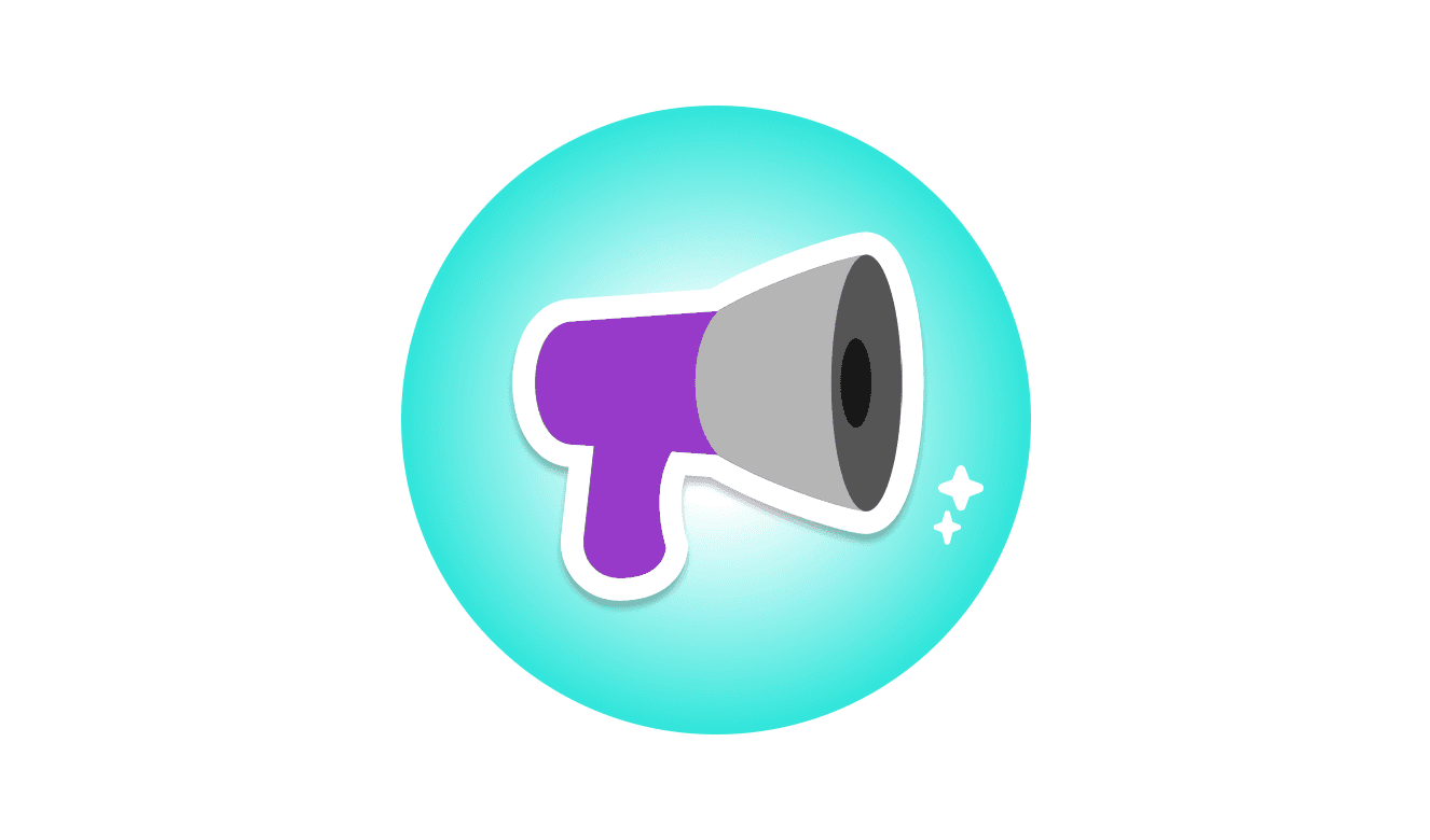 A purple megaphone sticker on a white and teal gradient circle with small twinkling stars
