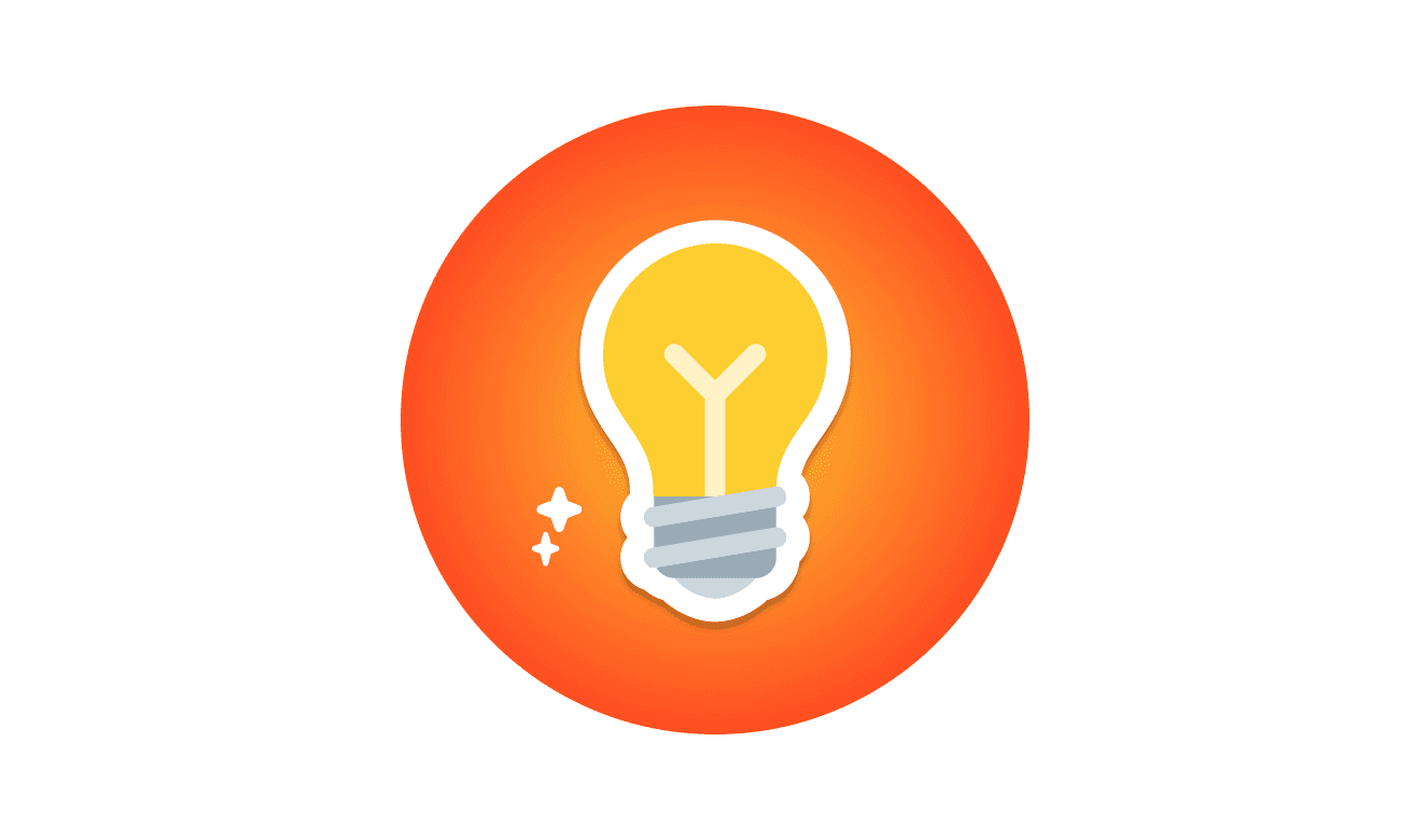 A yellow lightbulb sticker on a yellow and orange gradient circle with small twinkling stars