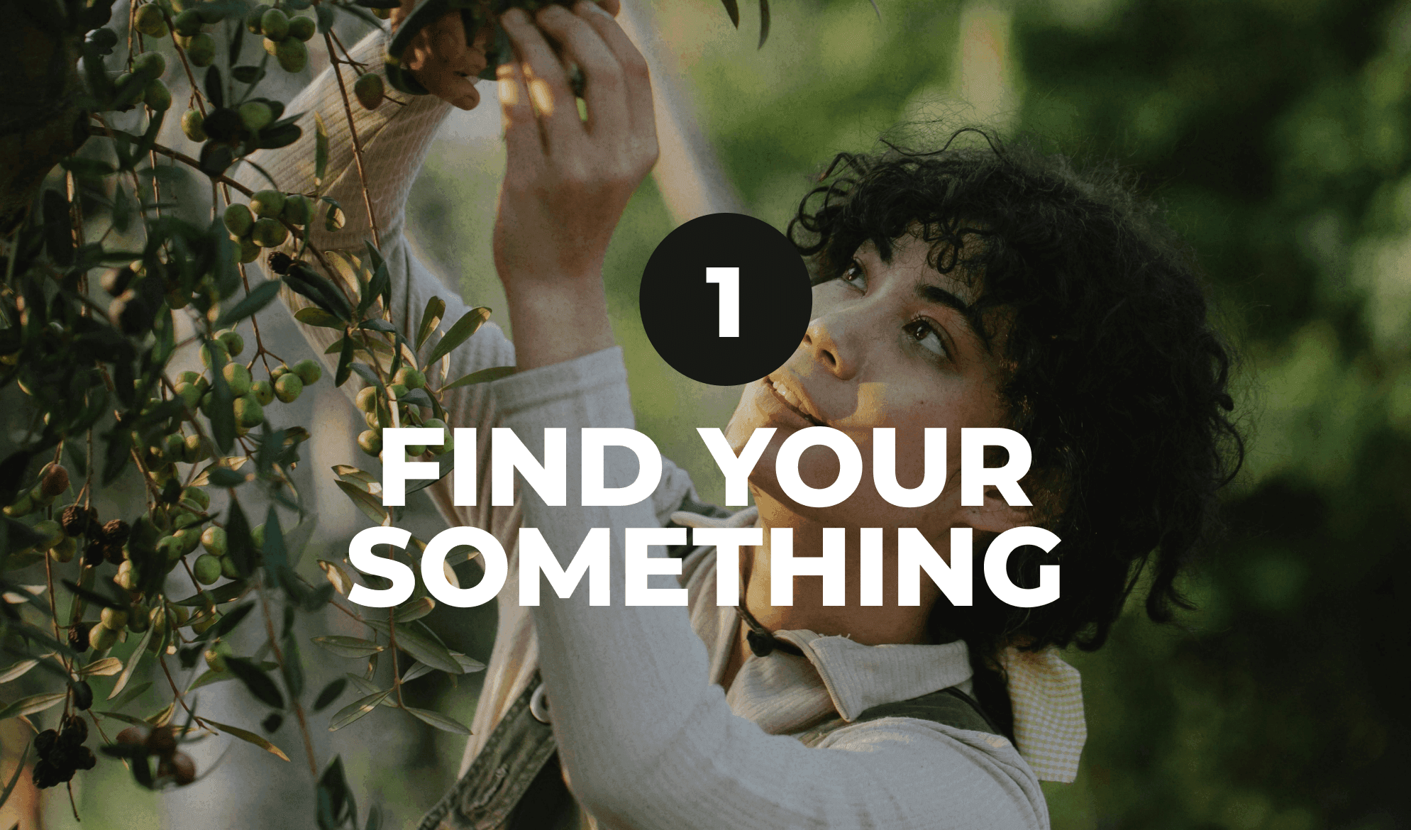 Title: "1. Find your something" (With image of person picking fruit off of a tree)